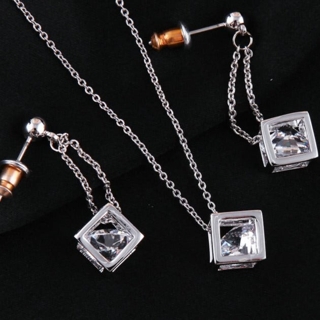 Cube Silver Earring & Necklace Set